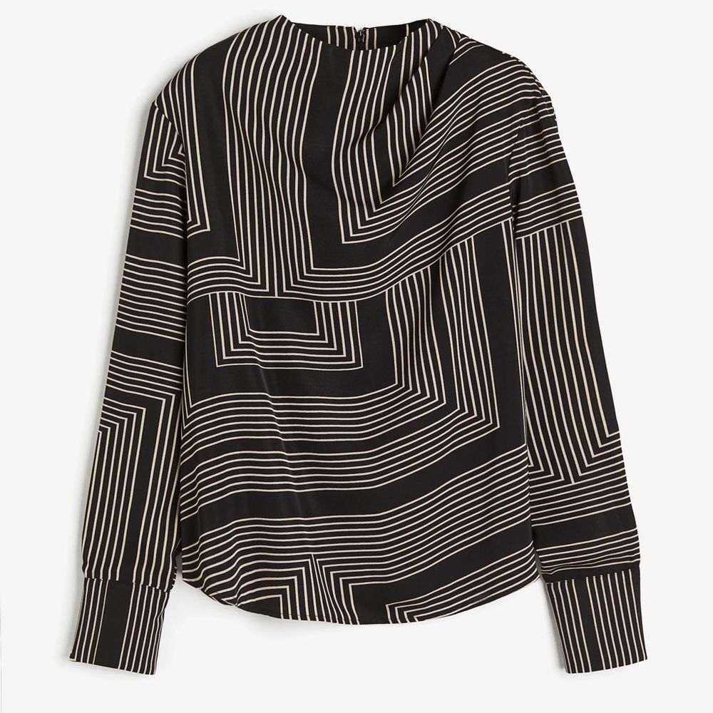 H&M Geometric Stripe Long Sleeve Blouse Black Beige Modern Minimalist Size L